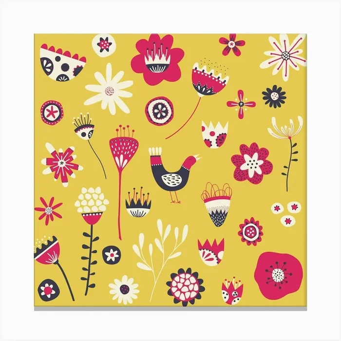 Scandinavian Folk Flowers And Birds Yellow Canvas PrintNS by Nic Squirrell
