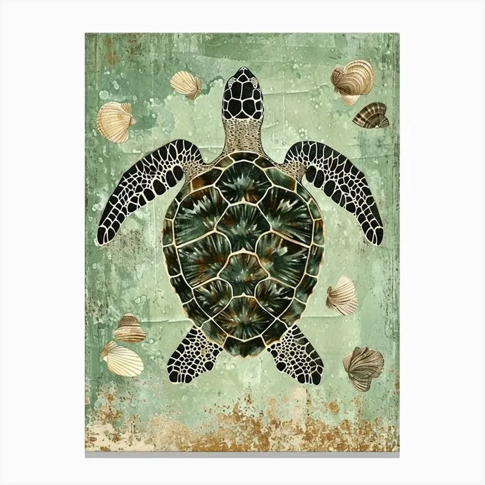 Sea Turtle & Shells Vintage Illustration 2 Canvas Print by Energy of the Sea