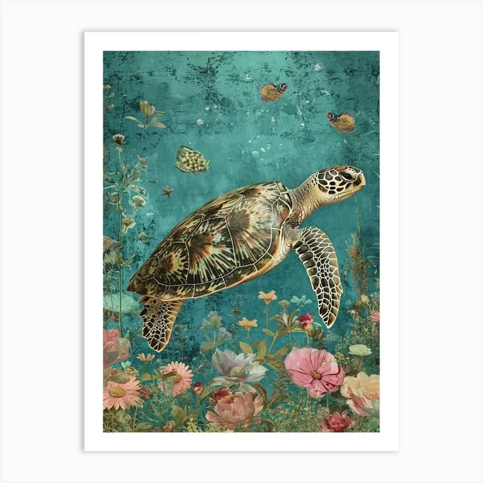 Sea Turtle In The Ocean With Flowers Collage Art Print by Energy of the Sea