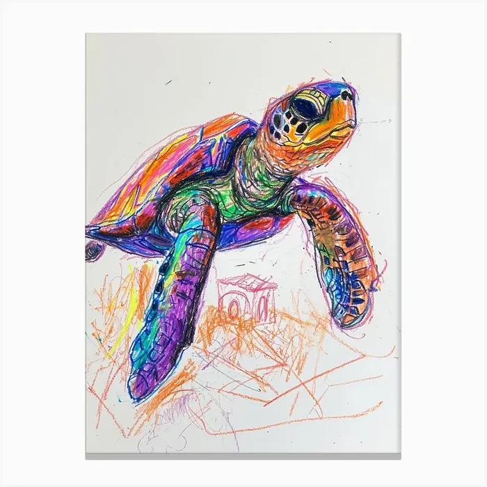 Sea Turtle Rainbow Crayon Scribble White Background Canvas Print by Energy of the Sea
