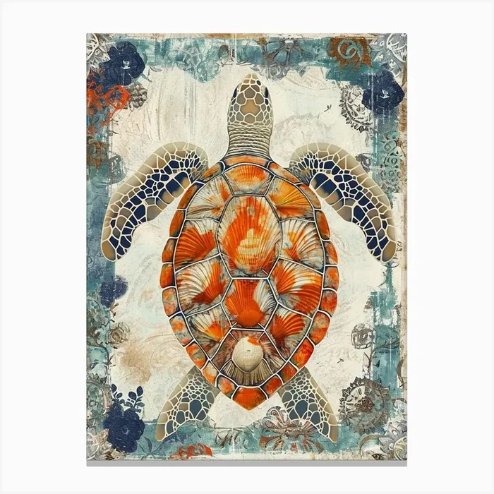 Sea Turtle Wallpaper Style Blue & Beige 1 Canvas Print by Energy of the Sea