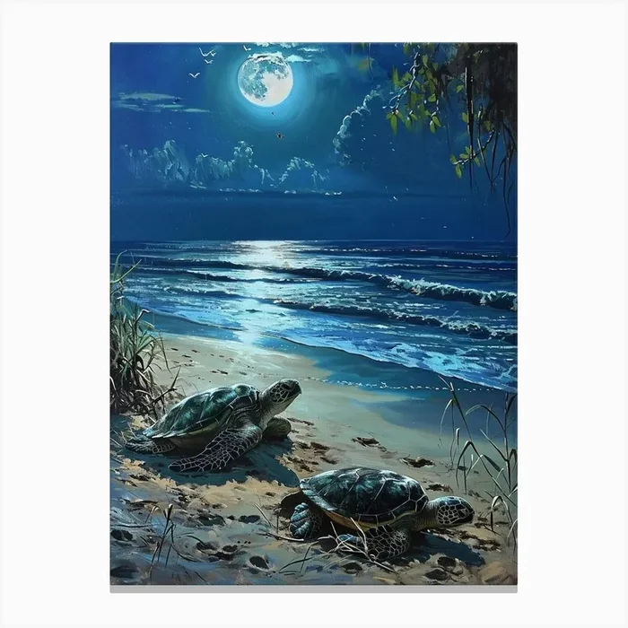 Sea Turtles In The Moonlight 1 Canvas Print by Energy of the Sea