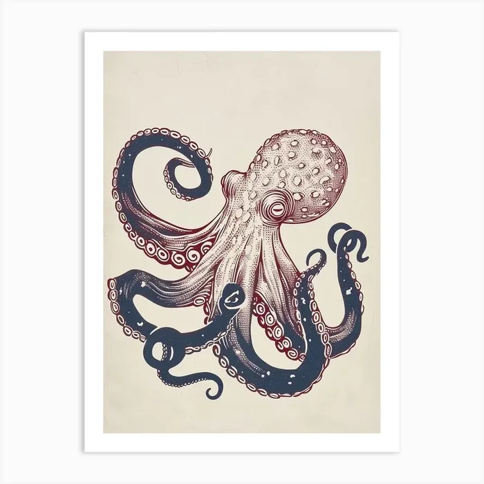 Sepia Red Navy Blue Gradient Octopus Art Print by Energy of the Sea