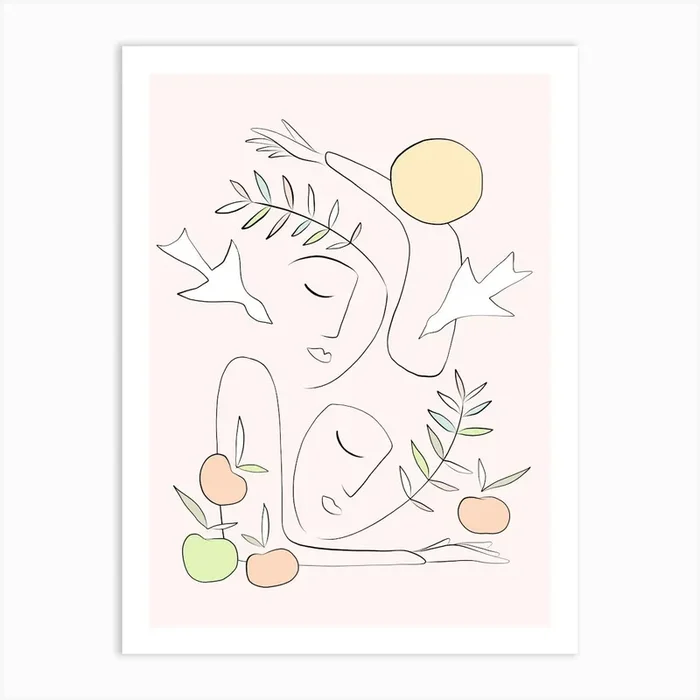 Serene Abstract Line-art Matisse Together Summer Love with Fruits and birds – pastel pink Art Print by Dominique Vari