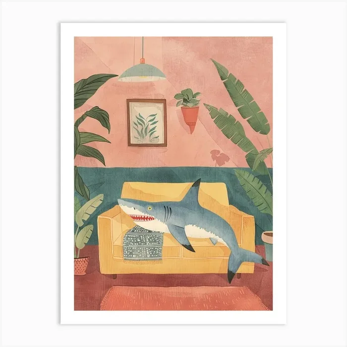 Shark Lying On The Sofa In The Living Room Pastel Watercolour 1 Art Print by Energy of the Sea
