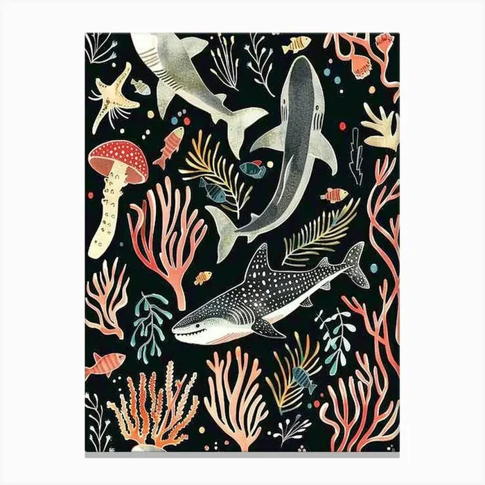 Shark Pattern Seascape Black Background Illustration 1 Canvas Print by Energy of the Sea