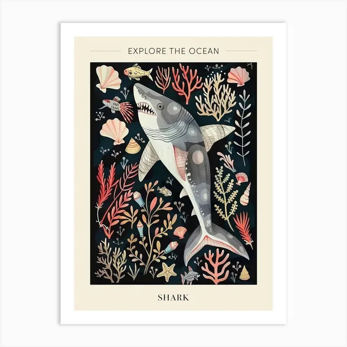 Shark Seascape Black Background Illustration 4 Poster Art Print by Energy of the Sea