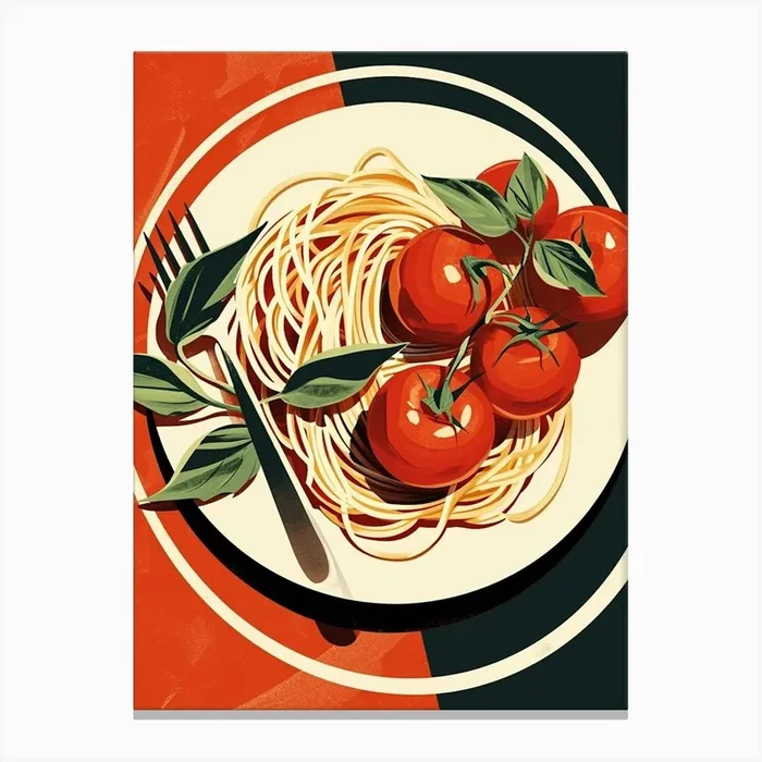 Spaghetti & Tomato Art Deco Inspired Canvas Print by Artful Appetite