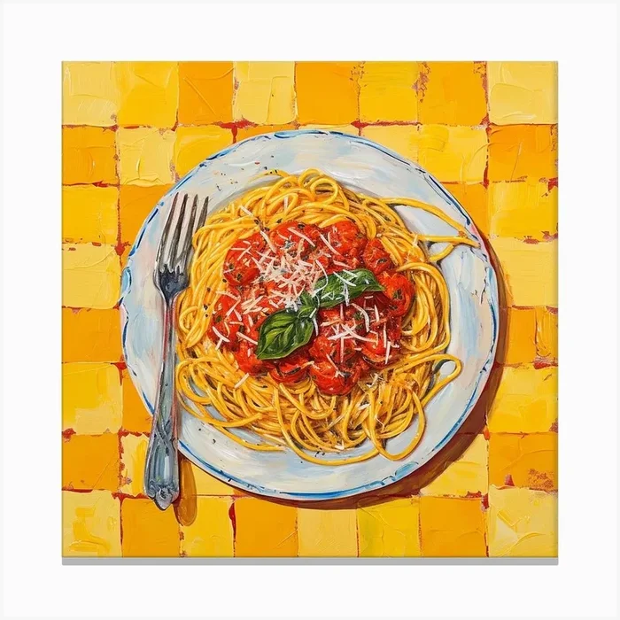 Spaghetti & Tomato Sauce Yellow Checkerboard 1 Canvas Print by Artful Appetite