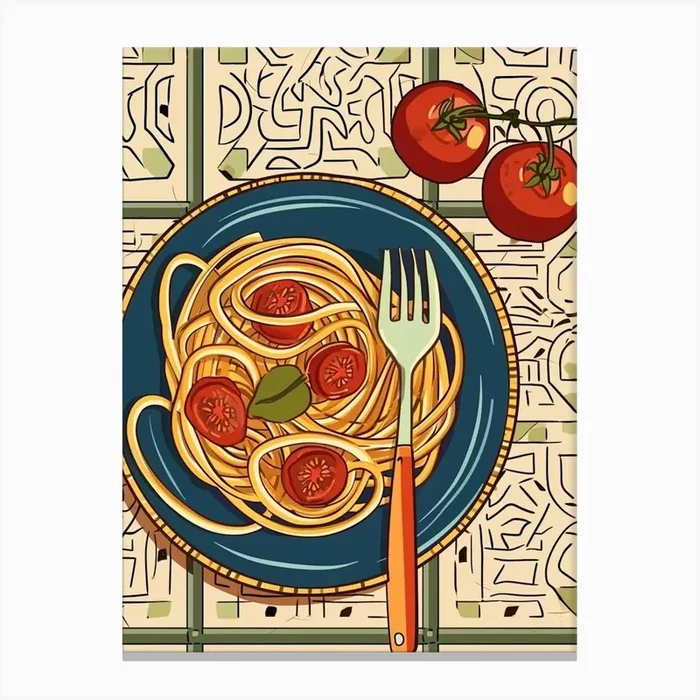 Spaghetti & Tomatoes On A Tiled Background Canvas Print by Artful Appetite