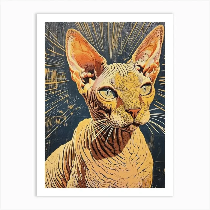 Sphynx Cat Relief Illustration 1 Art Print by Woof and Whiskers