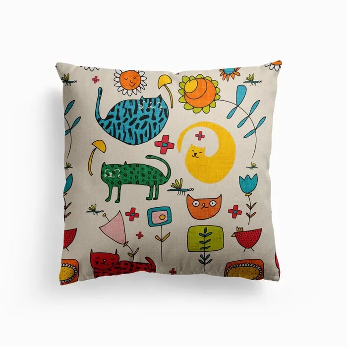 Spring Cat Beige Canvas Cushion by Susana Costa