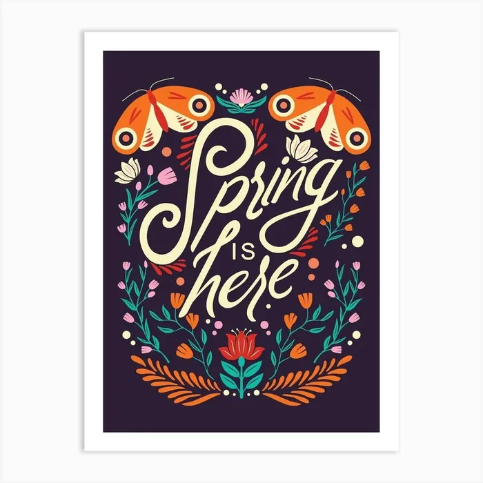 Spring Is Here Hand Lettering With Flowers And Moths On Deep Purple Art Print by BlueLela
