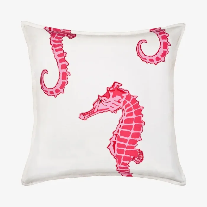 Square Seahorse Cotton Canvas Pillow – Pink by The Cozy Cloth