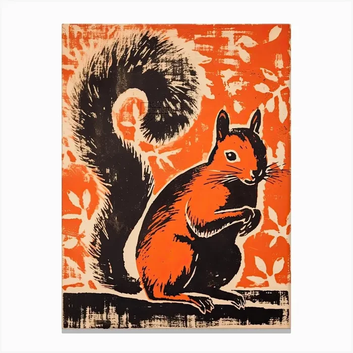 Squirrel, Woodblock Animal Drawing 3 Canvas Print by Sakura Animal Creations