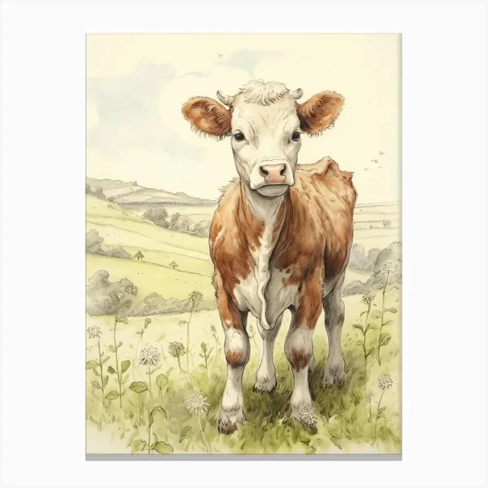 Storybook Animal Watercolour Cow 2 Canvas Print by Scribble Studio