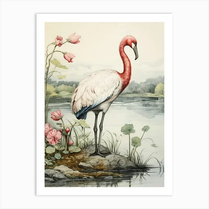 Storybook Animal Watercolour Flamingo 1 Art Print by Scribble Studio