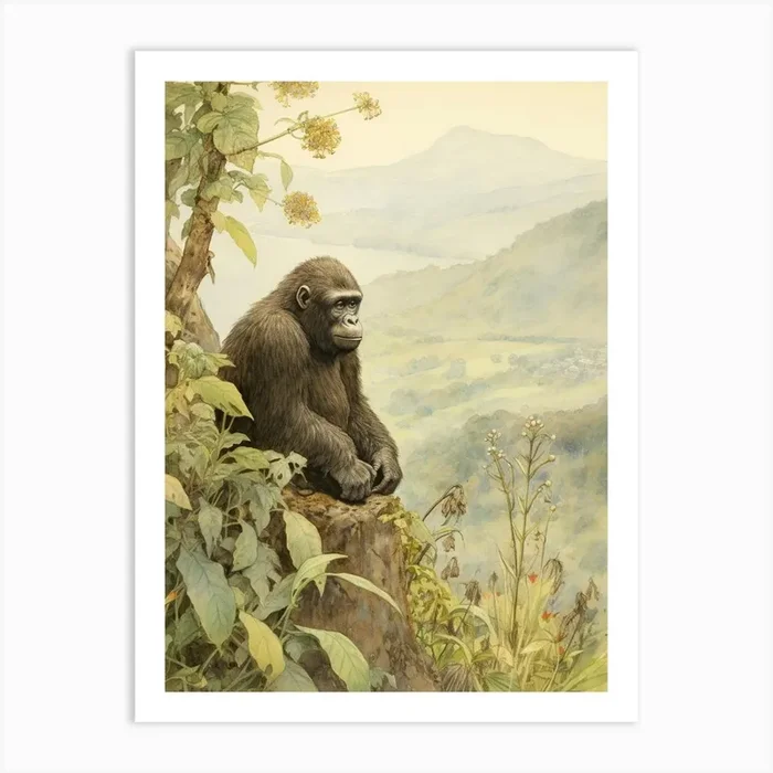Storybook Animal Watercolour Mountain Gorilla 2 Art Print by Scribble Studio