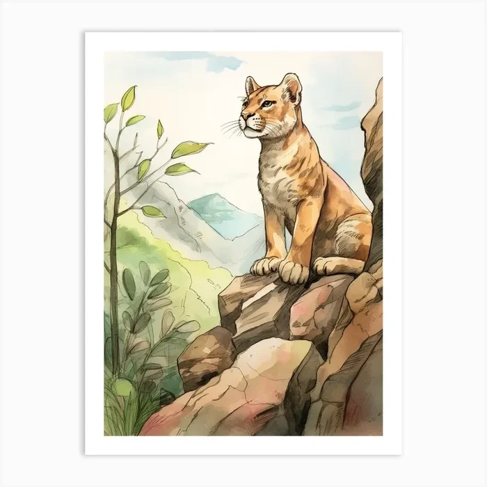 Storybook Animal Watercolour Mountain Lion 3 Art Print by Scribble Studio