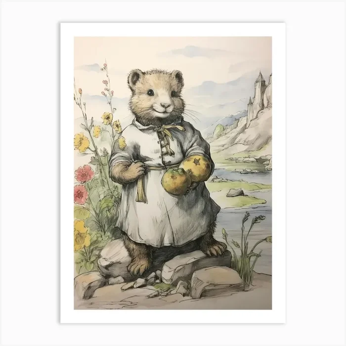Storybook Animal Watercolour Otter 2 Art Print by Scribble Studio