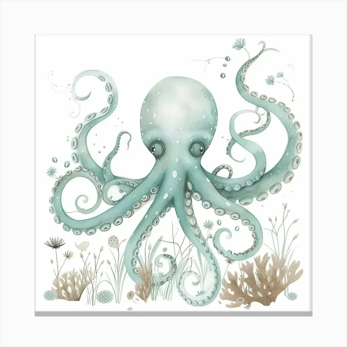 Storybook Style Octopus With Ocean Plants 7 Canvas Print by Energy of the Sea