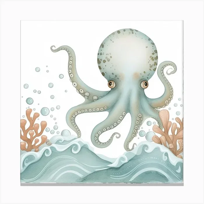 Storybook Style Octopus With Waves 3 Canvas Print by Energy of the Sea