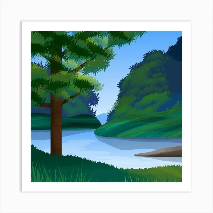 Stylized Landscape Scenic Forest Tree River Environment Vista Green Blue Summer Woods Trunk Branches Nature Art Print by Etnousta