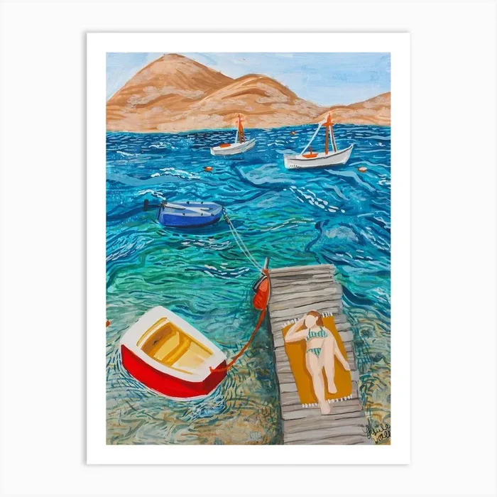 Sunbathing In Milos Greece Art Print by Lucie Wall Art