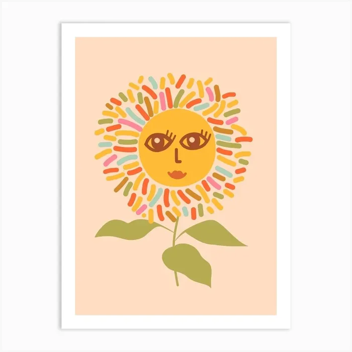 Sunflower Opened Eyes Peachy Boho Art Print by Dominique Vari