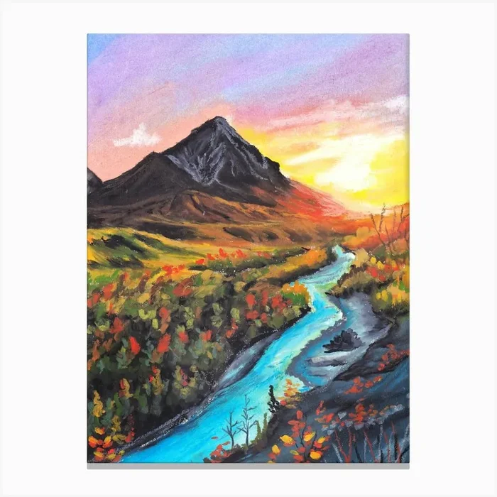 Sunset In The Mountains with river Canvas Print by Ronyzon