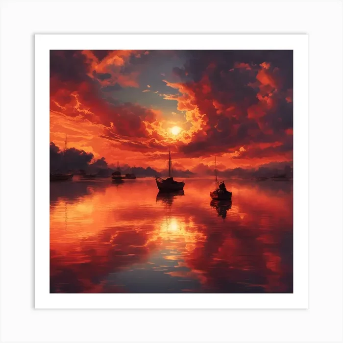 Sunset With Boats Art Print by Mall art
