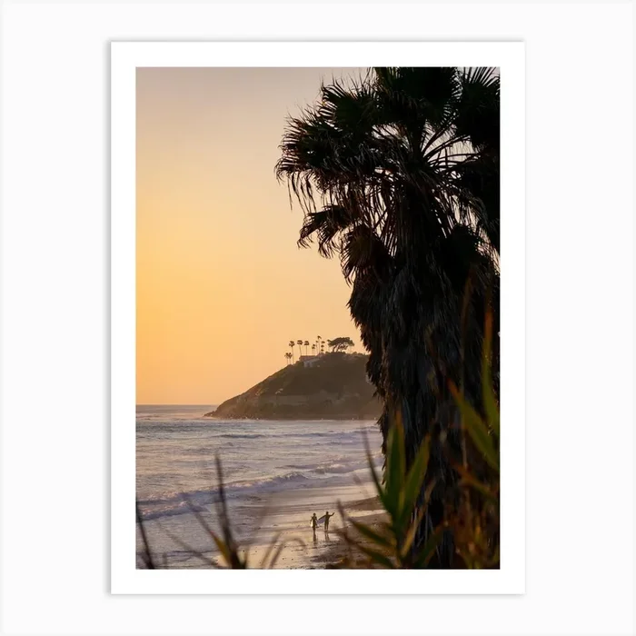 Surf Couple Walks Underneath Palm Trees Art Print by Ryan Szot