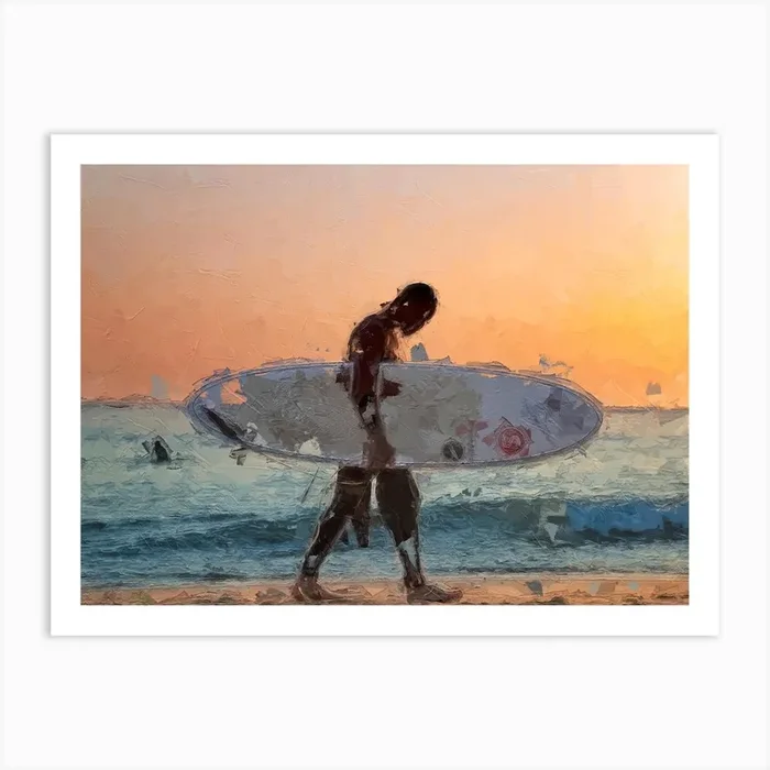 Surfer Goes Home At Sunset Oil Painting Landscape Art Print by Yanis Does