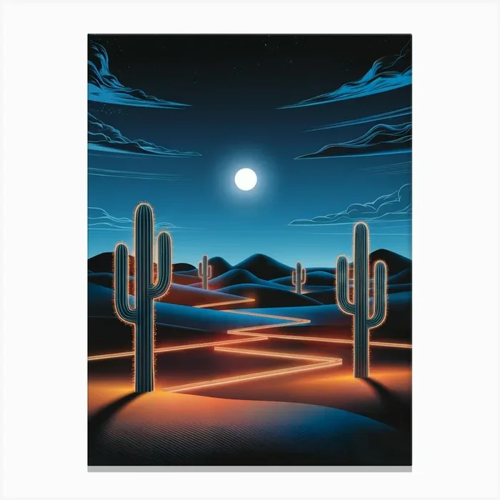 Surreal Oil Painting: Neon-Lit Desert at Twilight with Glowing Cacti, Warm Orange Lights on Sand Dunes, Deep Blue Swirling Sky, and Bright Moon. Canvas Print by Promatic Art