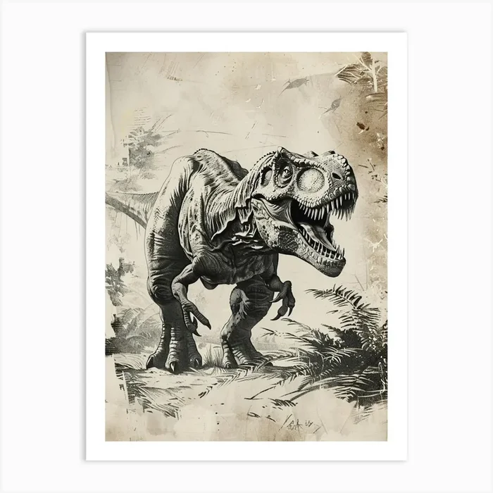 T Rex Detailed Black Illustration Art Print by Dino Delights
