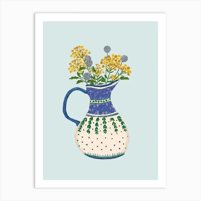 Tansy flowers in a Jug Art Print by Pink Pen Studio
