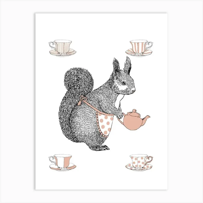 Tea Time Squirrel Art Print by Anna Palamar Designs