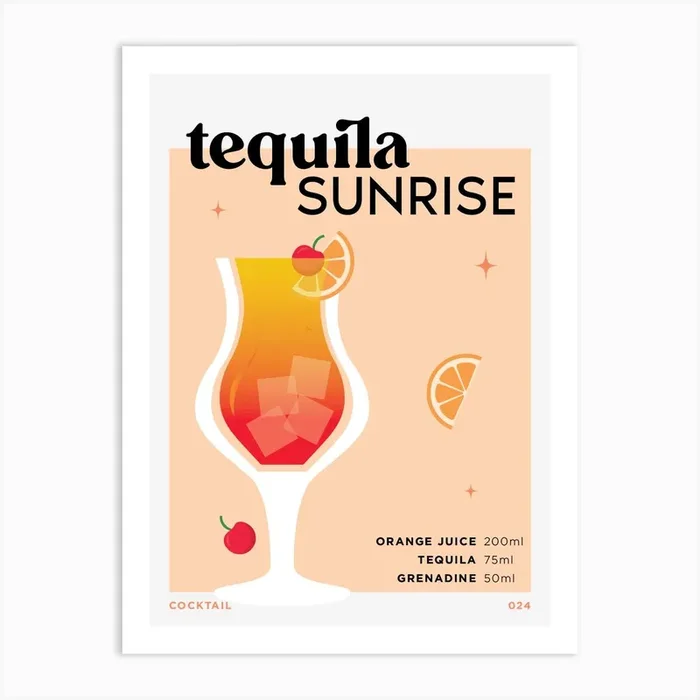 Tequila Sunrise in Peach Cocktail Recipe Art Print by DesignSomeMoore