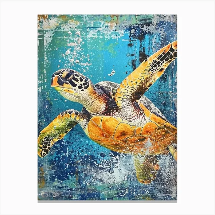 Textured Sea Turtle Collage With Bubbles 1 Canvas Print by Energy of the Sea