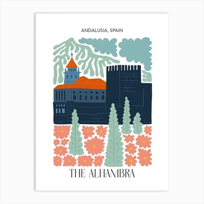 The Alhambra Andalusia, Spain, Travel Poster In Cute Illustration Art Print by Mambo