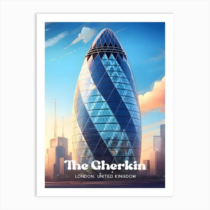 The Gherkin London United Kingdom Skyscraper Travel Illustration Art Print by Wanderscape Travel Art