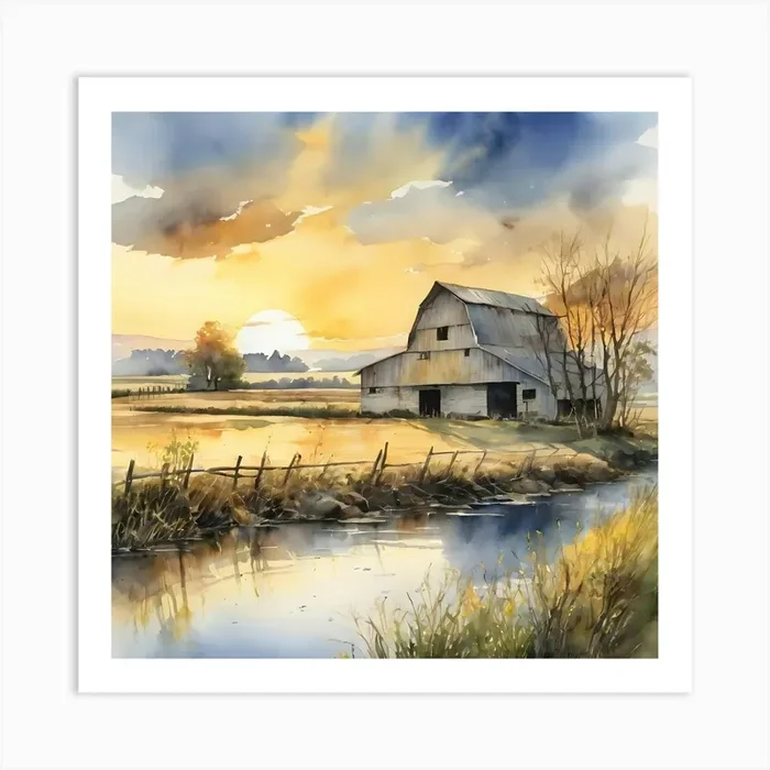 The Sun Rising On The River Farmland Barnsun Sky Yellow Blue Cloudsthe River Where The Sun6 Art PrintAH by Amit Hasan