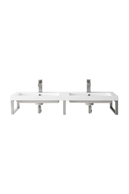 Three Boston 18 ” Wall Brackets, Brushed Nickel w/ 47 ” White Glossy Composite Stone Top