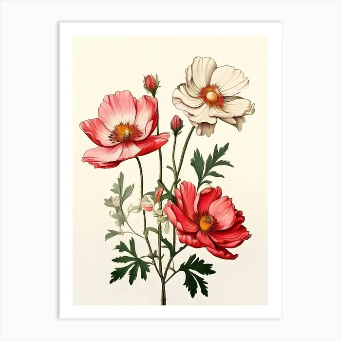 Three Red And White Flowers Art Print by Art shop