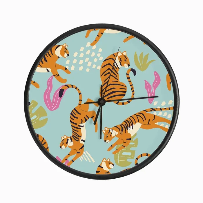 Tiger Pattern On Blue With Tropical Leaves Clock by BlueLela
