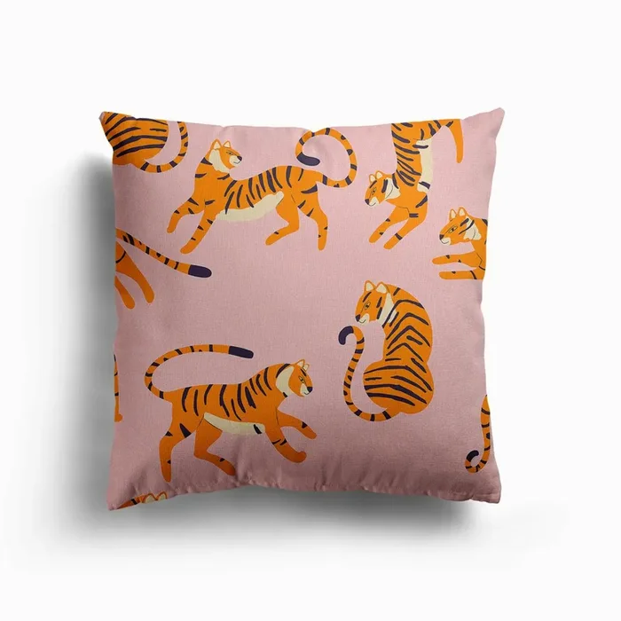 Tiger Pattern On Pink Canvas Cushion by BlueLela