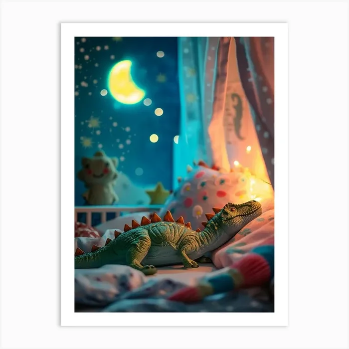 Toy Dinosaur In Bed Sleeping 1 Art Print by Dino Delights