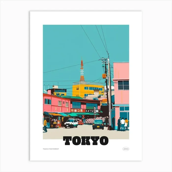 Tsukiji Fish Market Tokyo 1 Colourful Illustration Poster Art Print by Japan Journey