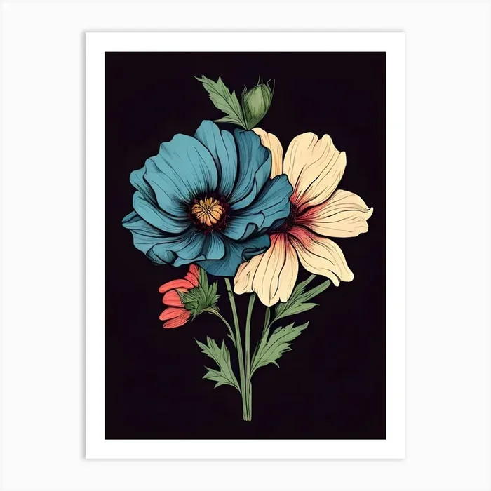 Two Flowers On A Black Background Art Print by Art shop