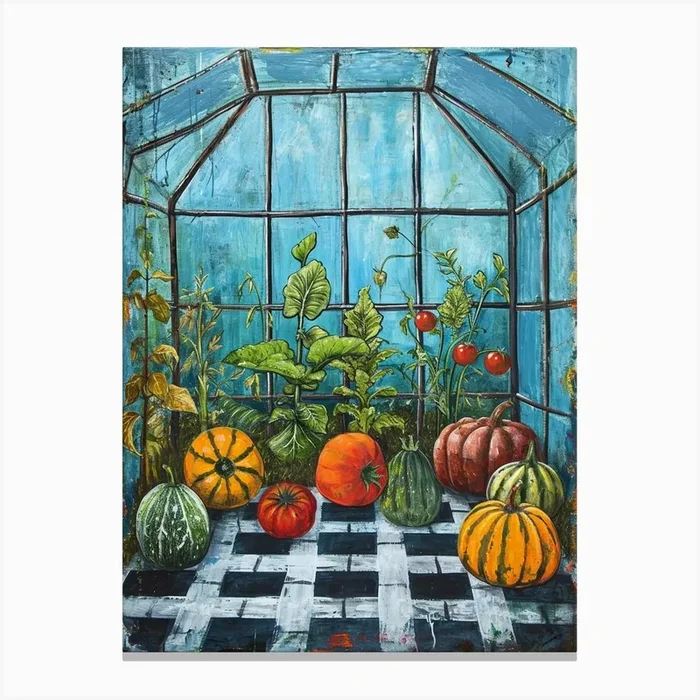 Vegetables In The Greenhouse Blue Checkerboard Canvas Print by Artful Appetite